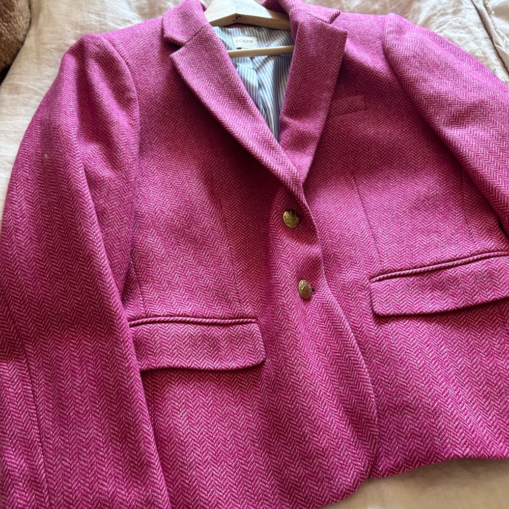JCREW wool herringbone blazer pink with gold buttons size 10